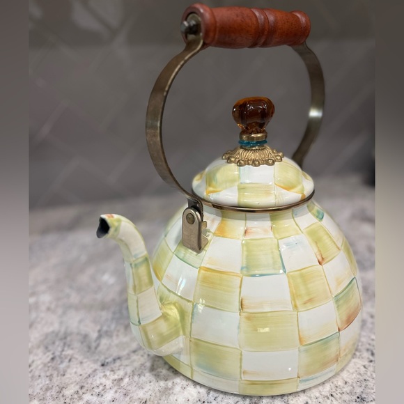 MacKENZIE CHILDS 3QT PARCHMENT CHECK TEA KETTLE - Picture 11 of 12
